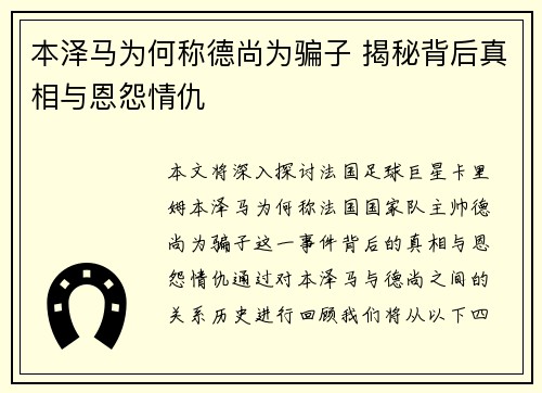 本泽马为何称德尚为骗子 揭秘背后真相与恩怨情仇
