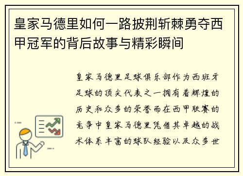 皇家马德里如何一路披荆斩棘勇夺西甲冠军的背后故事与精彩瞬间
